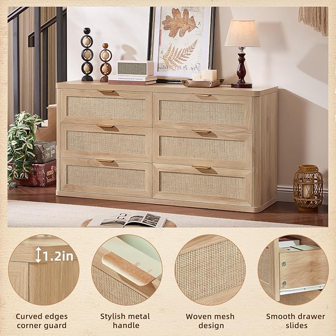 LEYAOYAO Rattan 6 Drawer Dresser for Bedroom Set of 2, Boho 54" Wide Natural Wood Dresser Chest of Drawers, Dressers TV Stand with Metal Handle, Storage Dressers Closet Organizer for Living Room