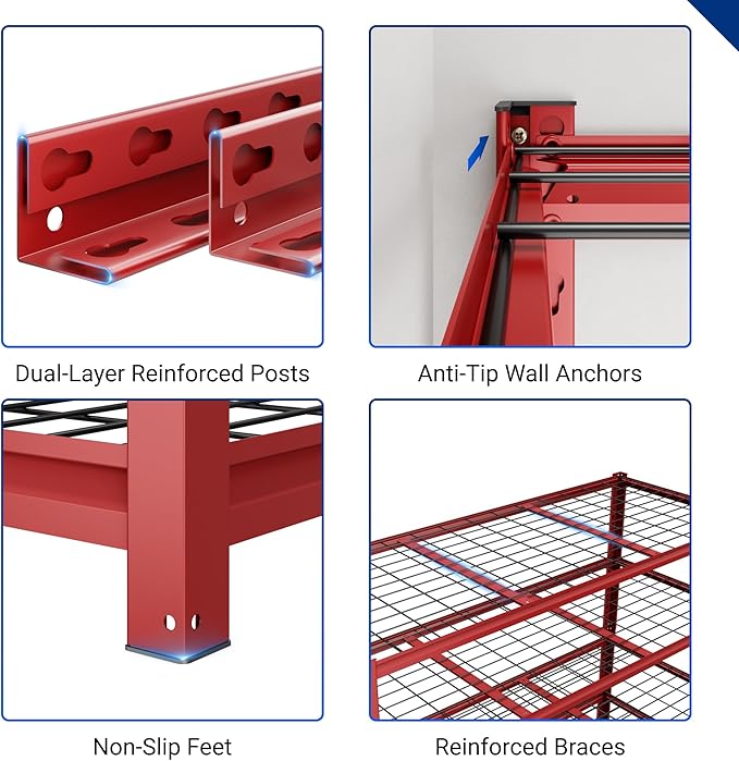 FLEXIMOUNTS 2 Pack 60" W Garage Shelving, 5 Tier Storage Shelves Load 1500LBS, Adjustable Garage Shelving Heavy Duty, Metal Shelves Unit for Basement, Warehouse, 60" W x 72" H x 24" D, Red