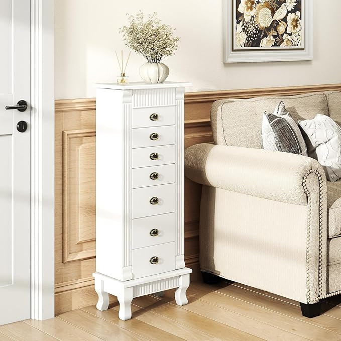 Giantex Standing Jewelry Cabinet with 7 Drawers, Flip-Top Mirror, 2 Side Doors with 12 Necklace Hooks, Divided Ring Compartments, Velvet-Lined Jewelry Armoire Organizer Chest (White)