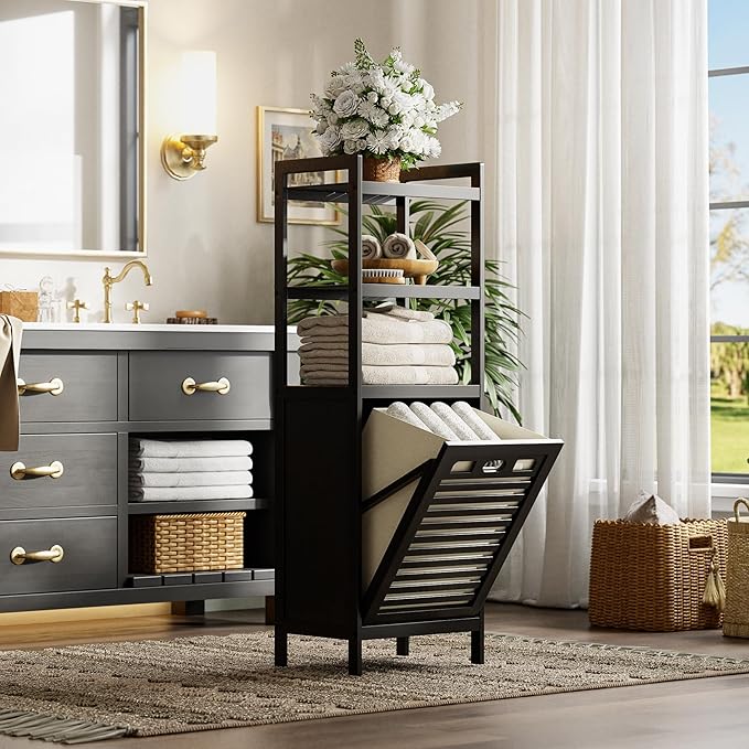 HITNET Tilt Out Laundry Hamper, Bamboo Bathroom Cabinet with Pull Out Removable Bag and 3 Tier Storage Shelves, 8.5 Gallon Clothes Basket with Metal Handle, Black
