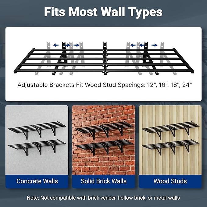 FLEXIMOUNTS 4-Pack 2x6ft Heavy Duty Garage Wall Shelving, 800lbs Capacity, Garage Shelving Wall Mounted with 8 Hooks, Storage for Power Tools, Garden Supplies, Storage Bins, Lite Series