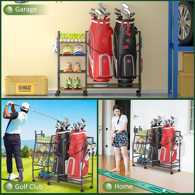 Golf Bag Storage Rack for Garage with Wheels, Organizer for Golf Bag and Equipment Accessories, Golf Organizer Stand Ideal for Home, Garage, Club, Shed, Basement - Sturdy and Durable (Black)