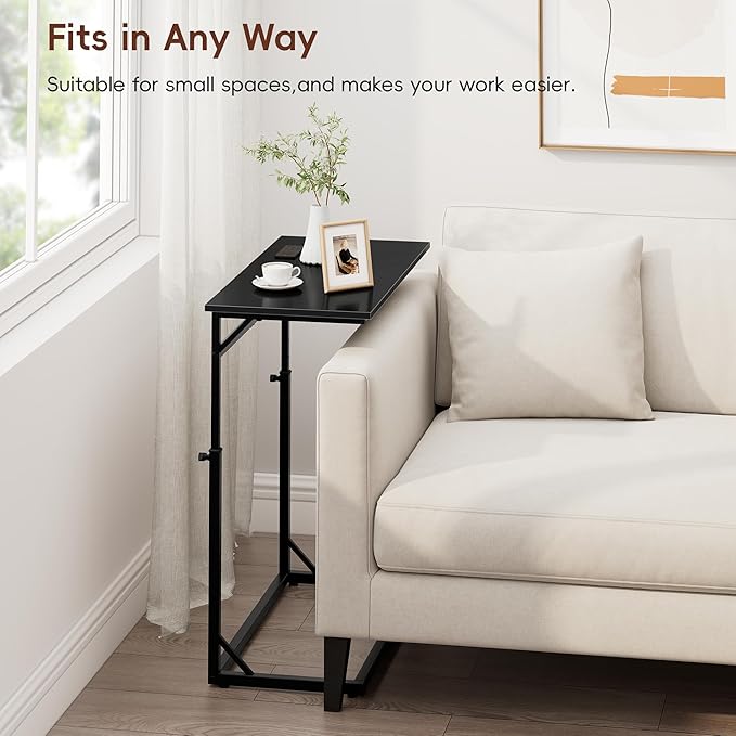 Vagusicc C Shaped End Table with Charging Station, C-Table End Table Adjustable Height Side Table for Couch, Large Couch Tables,Slide Under Sofa Tables TV Tray Arm Tables for Living Room,Bedroom,Black