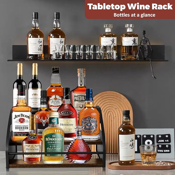3-Tier Liquor Bottle Display Shelf, Exquisite Metal Design, Extra Large Bar Organizer for The Home Bar, Countertop Wine Rack with Smooth Handles, Retro Bar Shelf Stand for Whiskey, Spirits