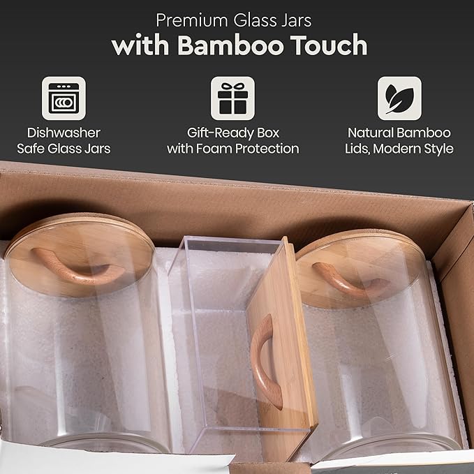 Laundry Pod Storage Container Set | Two 3L Glass Jars & One Acrylic Dryer Sheet Container with Bamboo Lids – Includes 2 Scoops, 60 Waterproof Laundry Labels – Dishwasher Safe