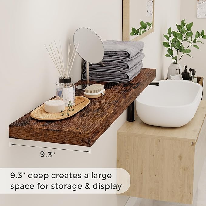 Fun Memories 40 Inch Floating Shelvese, 40" W x 9.3" D Floating Shelf Set of 2, Farmhouse Wood Wall Shelves for Bedroom, Kitchen, Wall Mounted Deep Shelving for Home Decor, Rustic Brown Color