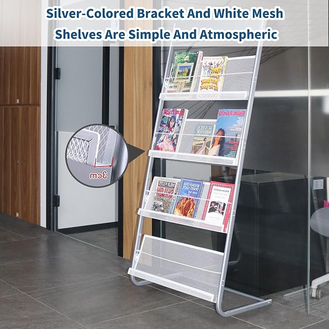 Floor Standing Magazine Rack, 4 Tier Document Display Rack, Suitable for Exhibitions Libraries Waiting Rooms Shopping Malls (Silver)