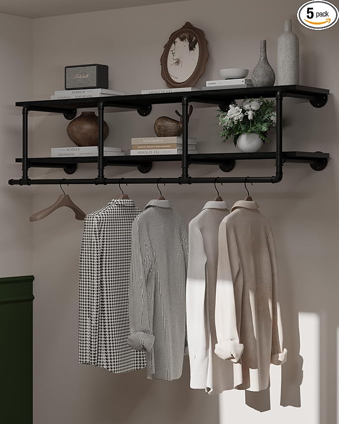 Wall Mounted Clothes Rack 12 Inch Deep, 60 Inch Heavy Duty Garment Rack with Real Black Wood Shelf, Multi-Purpose Hanging Rod & Space-Saving Closet Storage Organizer