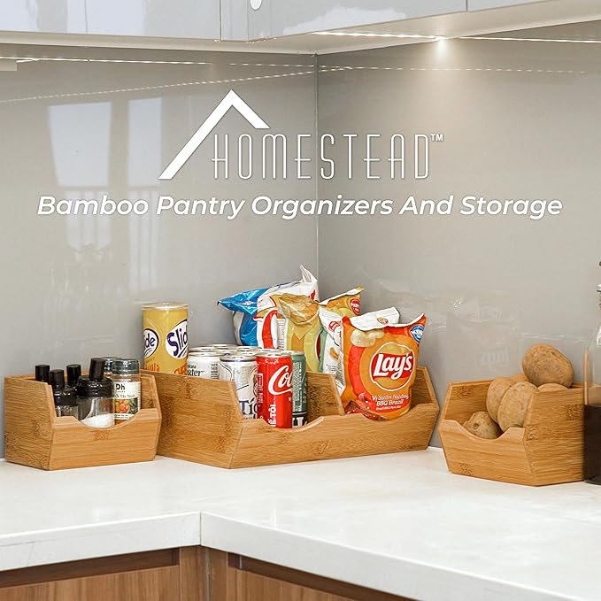 HOMESTEAD Bamboo Pantry Storage Bins - Stackable Baskets, Potato and Onion Storage for Pantry Organization, Set 3 Pieces