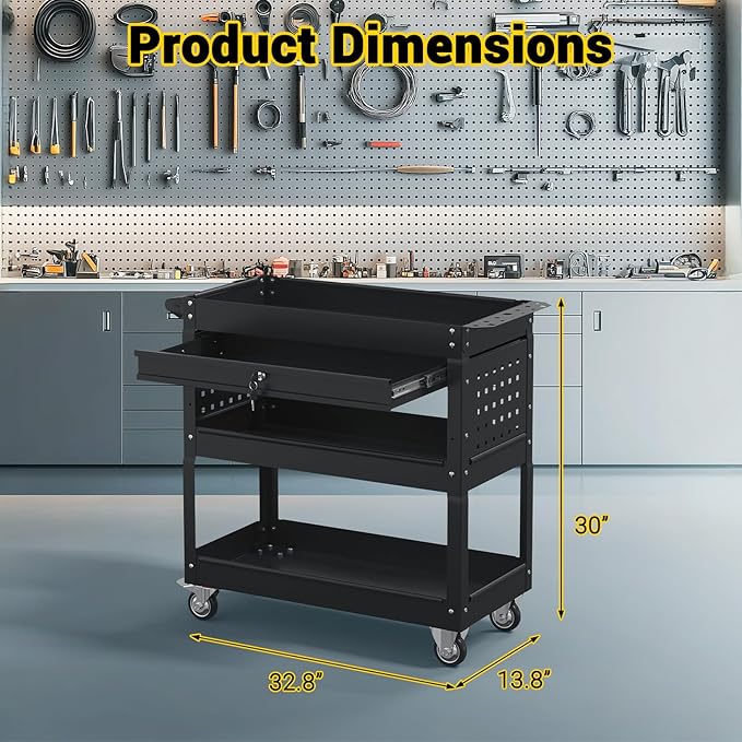 3 Tier Rolling Tool Cart on Wheels, 550 LBS Tool Cart with Drawers，Heavy Duty Utility Cart with Pegboard and Hooks，Mechanic Tool Storage Cart for Garage, Warehouse and Repair Shop(Black)