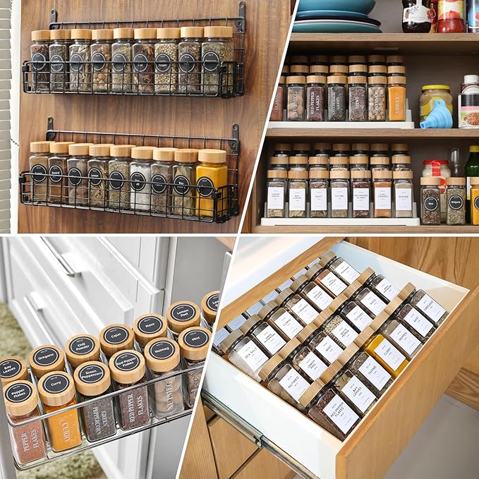 NETANY 24 Pcs Glass Spice Jars with Bamboo Lids, 4 oz Glass Jars with Minimalist Farmhouse Spice Labels Stickers, Collapsible Funnel, Seasoning Storage Bottles for Spice Rack, Cabinet, Drawer