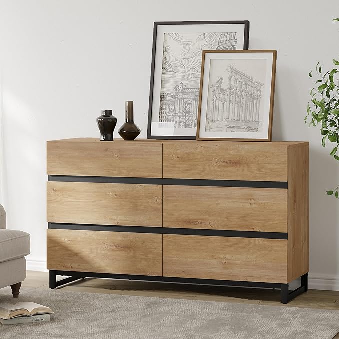 WAMPAT Dresser for Bedroom, Modern Wood Dresser with 6 Drawers, Chest of Drawers with Metal Base, Closet Organizers for Living Room, Entryway, Oak
