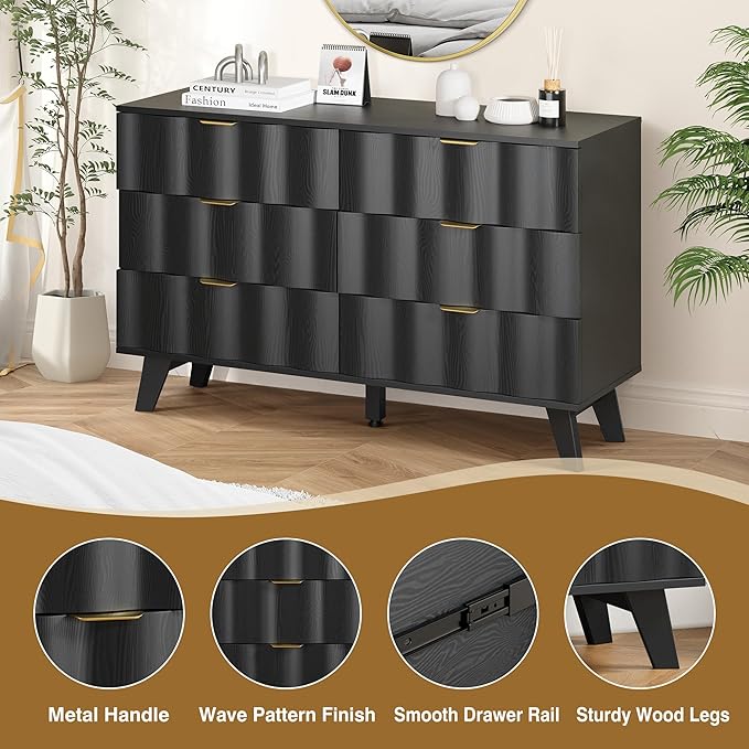 6 Drawer Dresser, Modern Fluted Storage Dresser with Deep Drawers and Metal Handles, Wood Chest of Drawers Storage Organizer for Bedroom, Living Room, Hallway (Black)