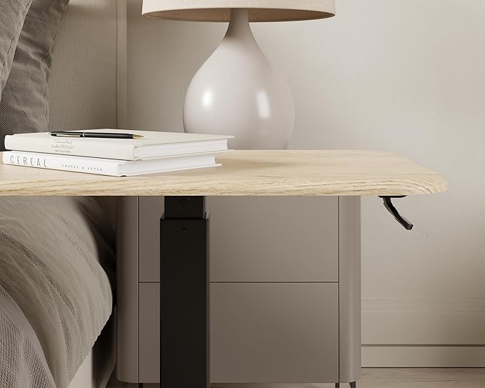 Ergohome™ ELEVANCE Table™ Effortless Height Adjustable Side Table for Couch Bed, Laptop Table - Small End Table Office Coffee Table - Superior Stability Sofa Side Table (Black Base Washed Oak Top)