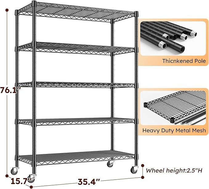REIBII 1653LBS Storage Shelves with Wheels,76.1" H Metal Shelving 5-Tire Adjustable Wire Shelving Pantry Shelves for Garage Shelving, Pantry, Kitchen, Closet, Commercial,15.7" D x 35.4" Wx76.1 H
