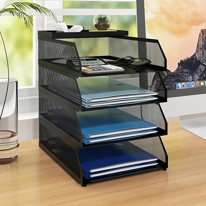 Natwind 4-Tier Desk Organizer,Stackable Paper Tray, Desk Accessories,Metal Mesh Desktop Organizer, Paper Sorter, Letter Trays,File Document Storage Rack for for Home, Office, School (Black)