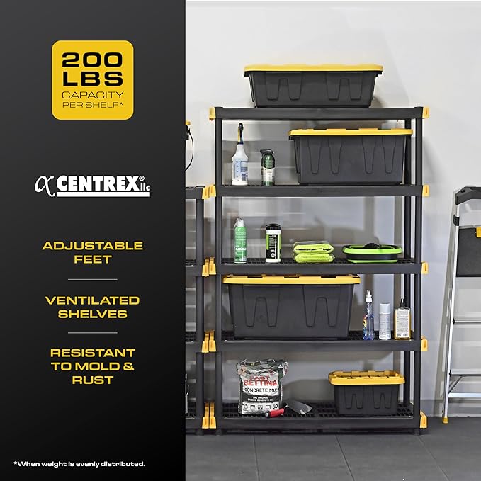 CX Black & Yellow, 5-Tier Heavy Duty Plastic Storage Shelving Unit, 200lbs/shelf (72”H x 48”W x 20”D), for Garage Storage, Warehouse & Basement Use, Modular Rack