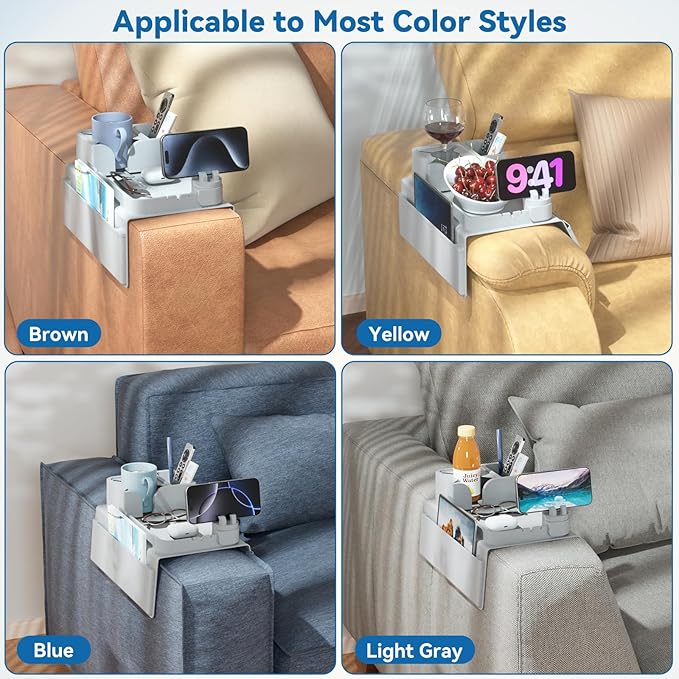 Couch Arm Cup Holder CLESOO Couch Arm Tray Anti-Slip Couch Cup Holder Silicone Sofa Armrest Tray Dual Side Pocket Couch Drink Holder Sofa Caddy Arm Remote Holder Snack Caddy with Phone Holder Grey