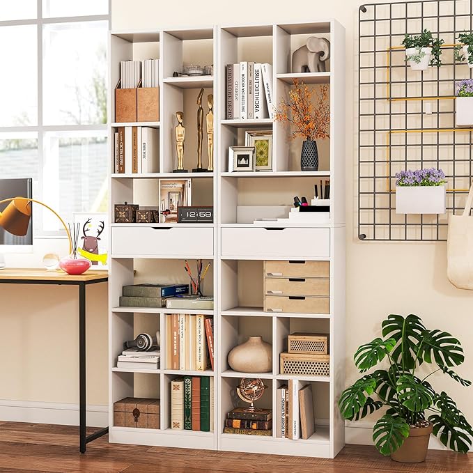 Tangkula 71” Tall Bookcase with Drawer, Modern Bookshelf with 10 Open Cubes, Floor Standing Display Rack Storage Cabinet with Anti-Tipping Kits for Living Room, Study, Office (1, White)