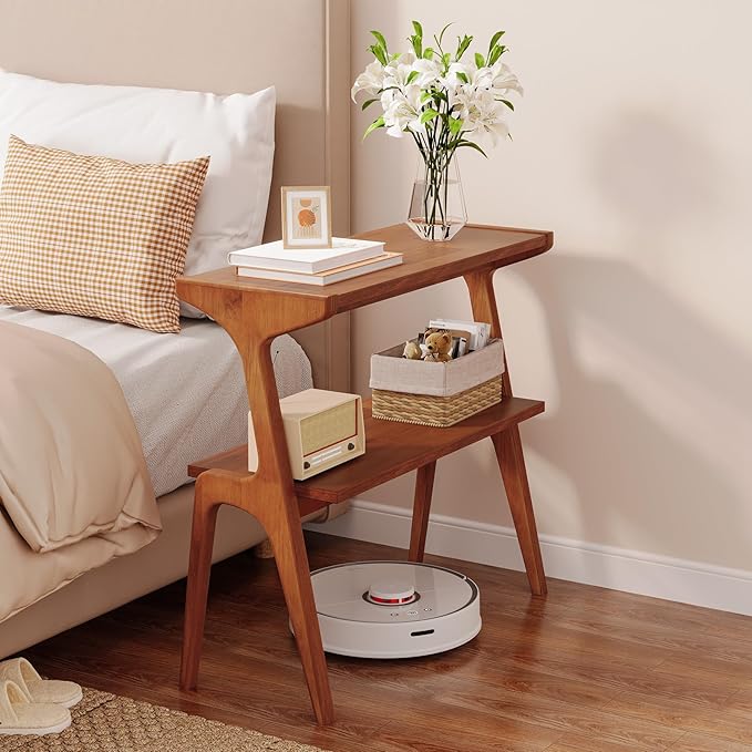 Solid Wood End Table, 2-Tier Side Table with Storage Shelf, Wooden Modern Accent Slim Bedside Table for Sofa, Living Room, Bedroom, Small Space, Easy Assembly, Cherry