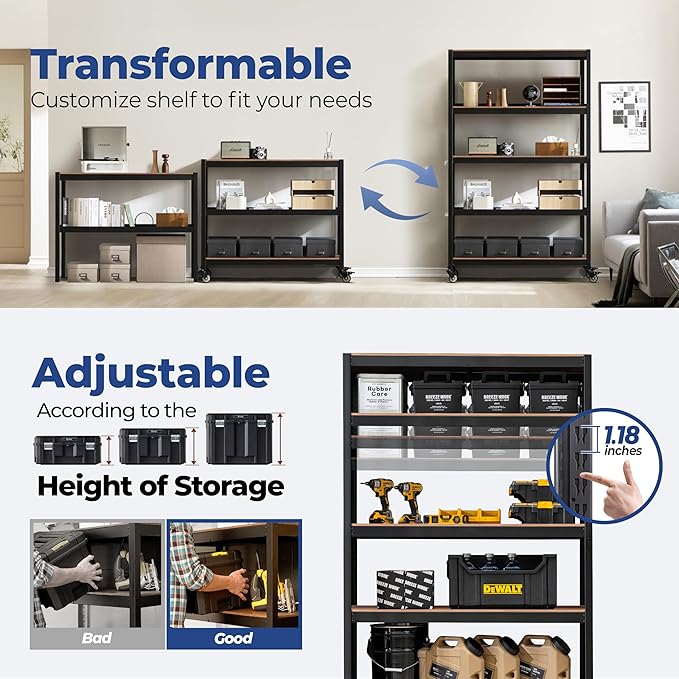 HOMEDANT House 5-Tier Metal Boltless Rolling Cart Shelf Rack Casters Heavy Duty Wheel Shelving Unit Adjustable Utility Storage Shelves Organizer Shelf Kitchen Garage 48.1" W x 18.5" D x 75.4" H 1Pack