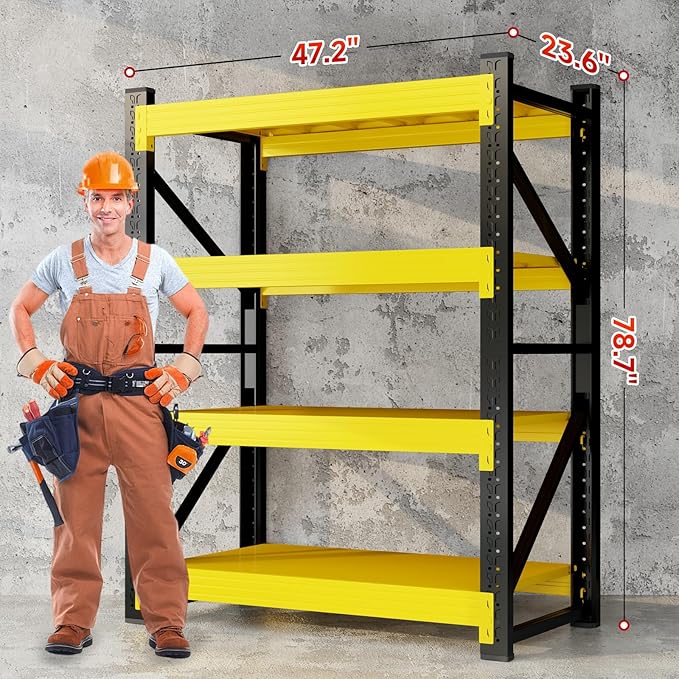 4000LBS Garage Storage Shelves, 47" W Garage Shelving Heavy Duty Adjustable Shelving Unit, 4 Tier Metal Utitly Shelves Industrial Shelving for Warehouses,Basement,Black Yellow