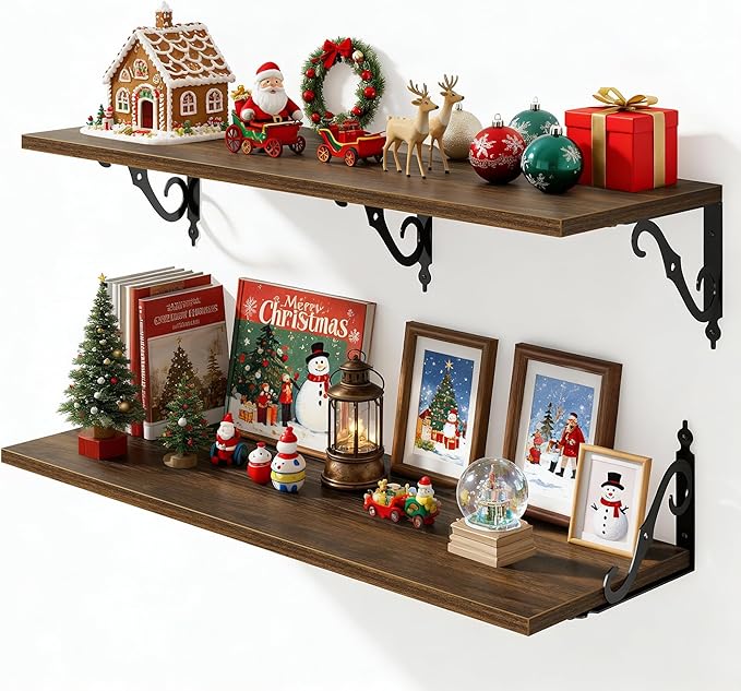 36 Inches Floating Shelves, Rustic Long Wall Shelves, 12 Inch Deep Book Shelf Wall Mounted with Bracket, Wide Display & Storage Shelves for Living Room, Bathroom, Bedroom, Walnut, Set of 2