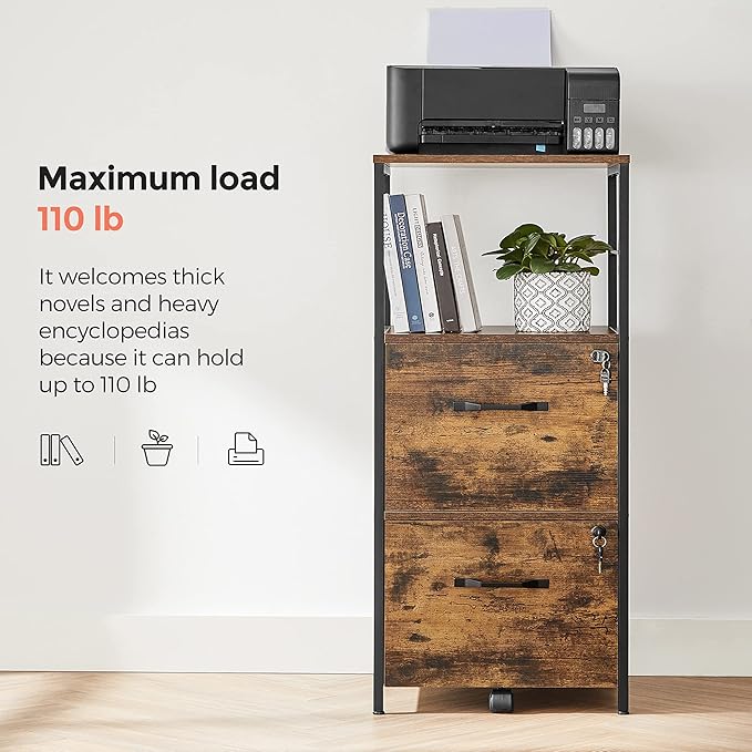 VASAGLE File Cabinet for Home Office, 2-Drawer Filing Cabinet with Lock, Open Shelf, Printer Stand, for A4 and Letter Sized Files, Adjustable Feet, Industrial, Rustic Brown and Ink Black UOFC045B01