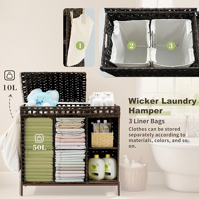 Laundry Hamper with Lid, 110L (29.1 Gal) Rattan Laundry Hamper 2 Section with 50L (13.2 Gal) Storage Shelf, Wicker Woven Laundry Sorter Basket with 3 Liner Bags and Handles, Brown GLH002BR