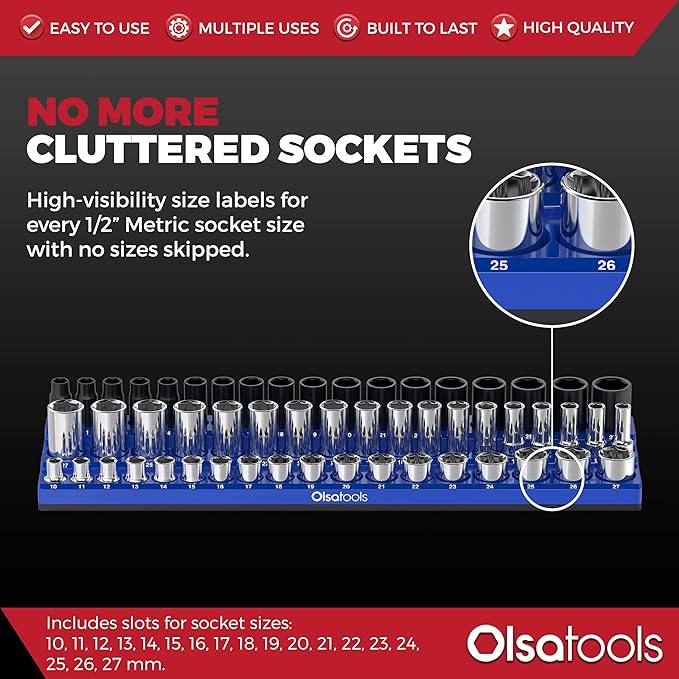 Olsa Tools Magnetic Socket Organizer (1/2-Inch Drive, 3 Row) - Magnetic Tool Organizer & Socket Holder - Tool Box Socket Organizers - Metric Blue - Holds 54 Sockets - Professional Grade - Part: 1555