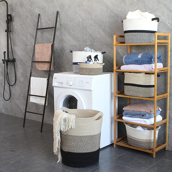Sea Team Large Size Cotton Rope Woven Storage Basket with Handles, Laundry Hamper, Fabric Bucket, Drum, Clothes Toys Organizer for Kid's Room, 20 x 14 inches, Round Open Design, Flaxen & Black