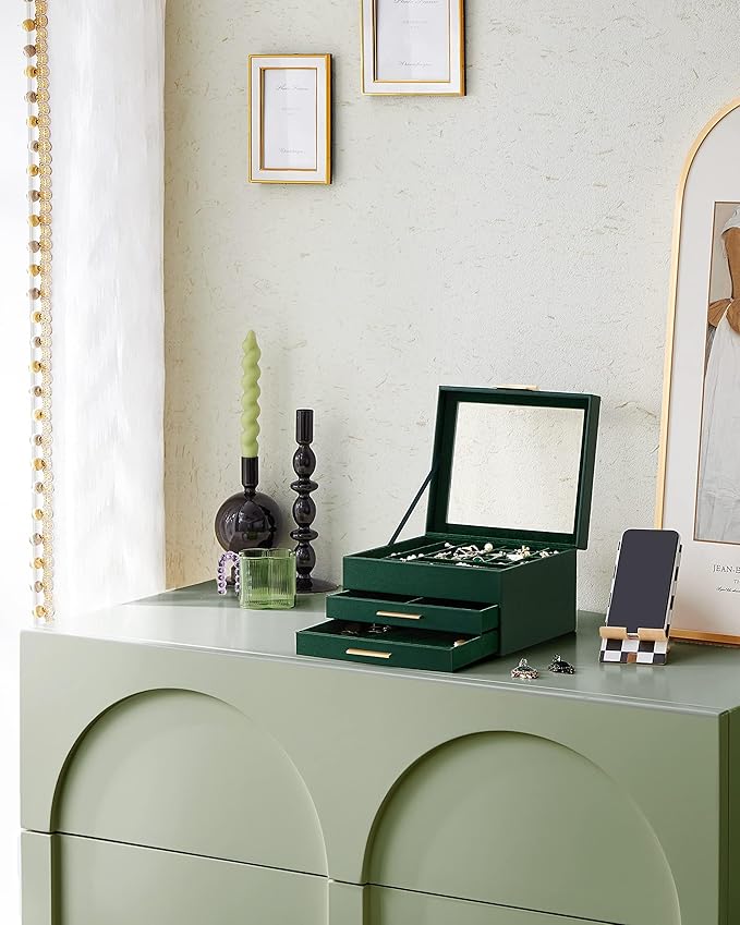 SONGMICS Jewelry Box Organizer with Glass Lid, 3-Layer Jewelry Storage, with 2 Drawers, Modern Style, Christmas Gift, 8 x 9.1 x 5.3 Inches, Forest Green and Gold Color UJBC239C01
