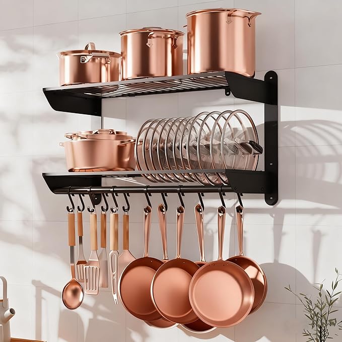 YIGII 30 Inch Pot Rack Wall Mounted, 2-Tier Pots and Pans Organizer with 12 Anti-Drop Hooks, Heavy Duty Kitchen Wall Shelf for Cookware, Lids, Utensils, Black