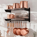 YIGII 30 Inch Pot Rack Wall Mounted, 2-Tier Pots and Pans Organizer with 12 Anti-Drop Hooks, Heavy Duty Kitchen Wall Shelf for Cookware, Lids, Utensils, Black