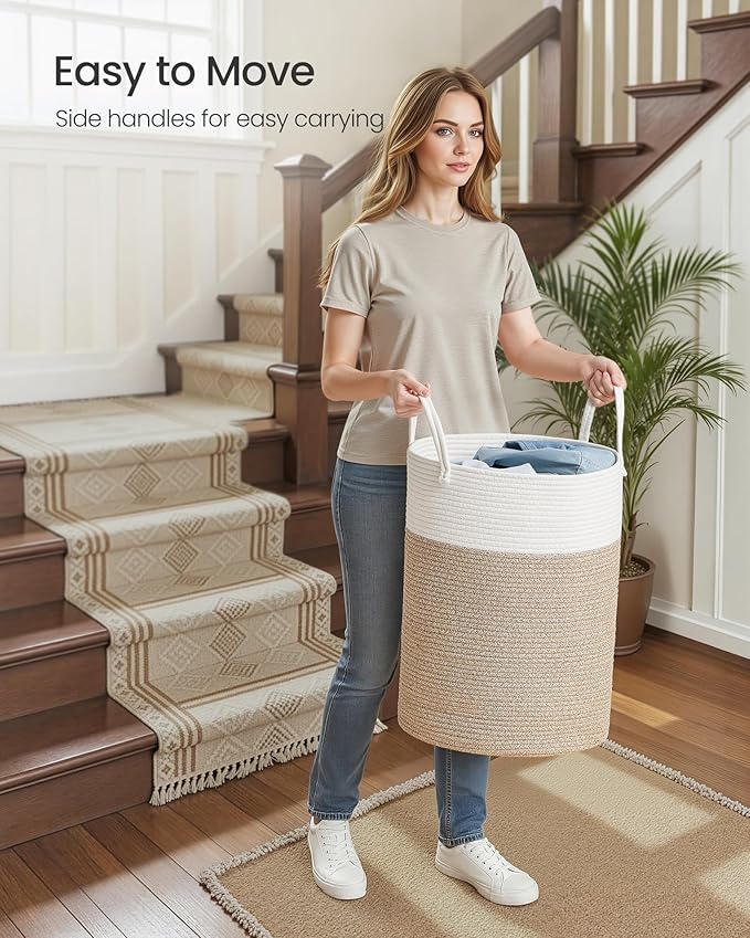 SONGMICS Laundry Hamper, Cotton Rope Laundry Basket with Handles, for Children, Toys, Clothing, Living Room, Bedroom, 15.8 Gallons, 13.8 x 13.8 x 19.7 Inches, White and Grayish Brown URLH061LZ01