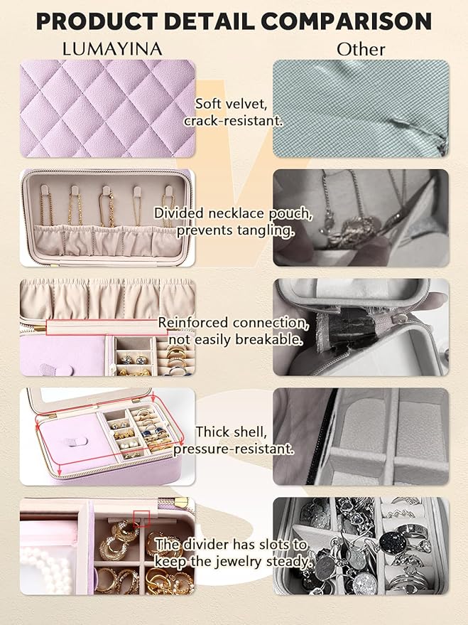 Velvet Travel Jewelry Box with Large Mirror, Double-Layer Jewelry Organizer Case for Women and Girls, Portable Storage Case with 6 Anti-Tarnish Bags Gift Ready for Her (Lavender)