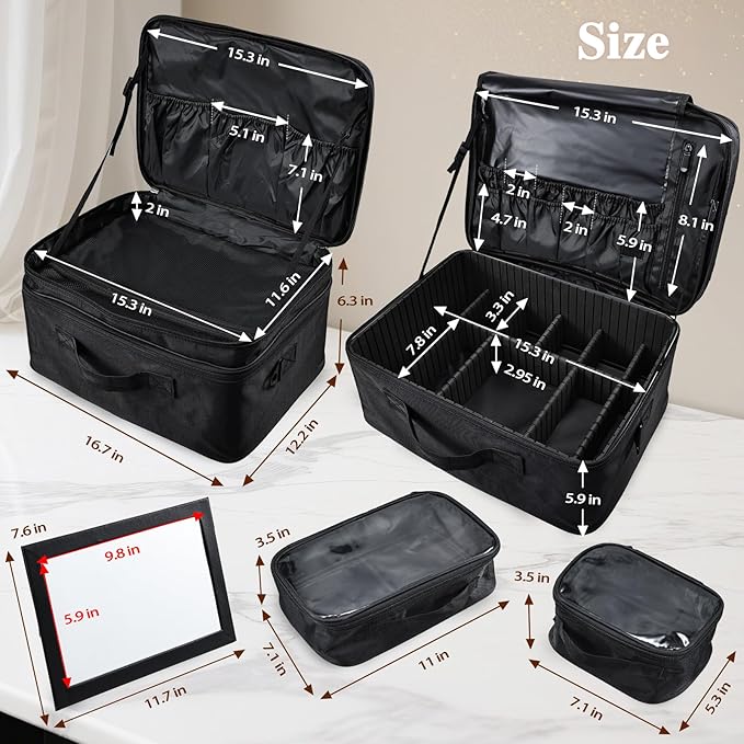 Adazzo Extra Large Makeup Case 8.5” Deep Professional Cosmetic Organizer Box Brush Holder with 3 Clear Set Bags/Lipstick Plate for Makeup Artists with Shoulder Strap/Adjustable Dividers/Luggage Sleeve