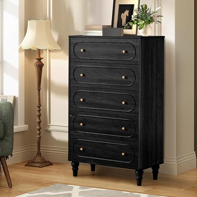 ORRD 5 Drawer Fluted Dresser for Bedroom, Mid Century Modern Chest of Drawers, Wood Storage Large Dresser Organizer for Bedroom Living Room Hallway Closet, Black