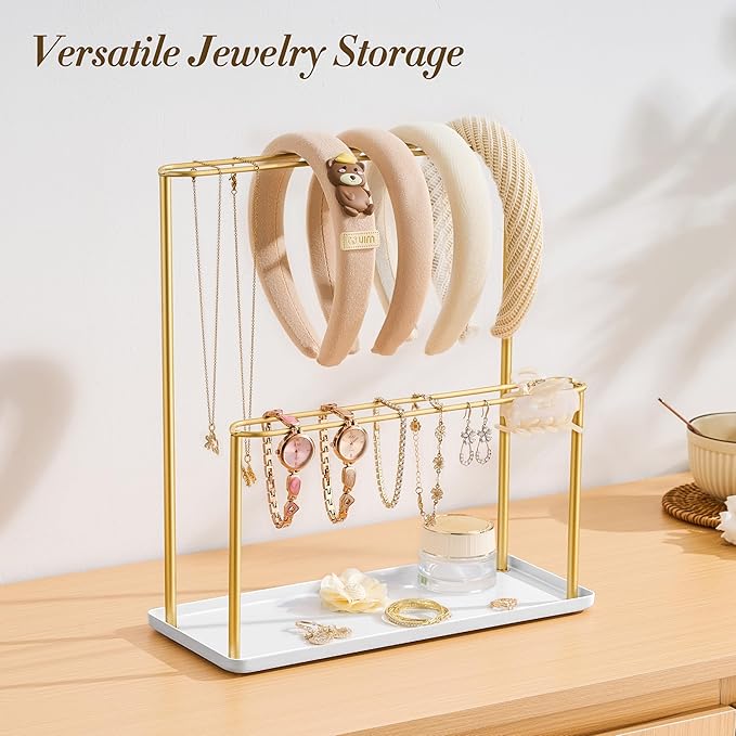 pickpiff Headband Holder Organizer Metal 2-Tier with Tray: Hair Accessories Display Stand Storage, Purse Charms Key Rings Rack Necklace Stand Home Bedroom for Girls Women, Gold