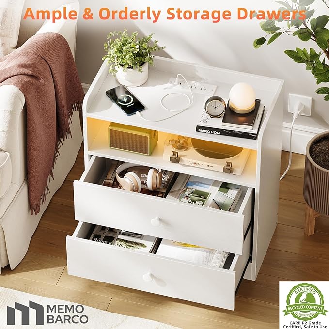 Nightstand with Charging Station and LED Light,Modern Nightstand with USB Ports and Outlets,Wood Bedside Tables with 2 Storage Drawers,Small Dresser for Bedroom Small Space,White