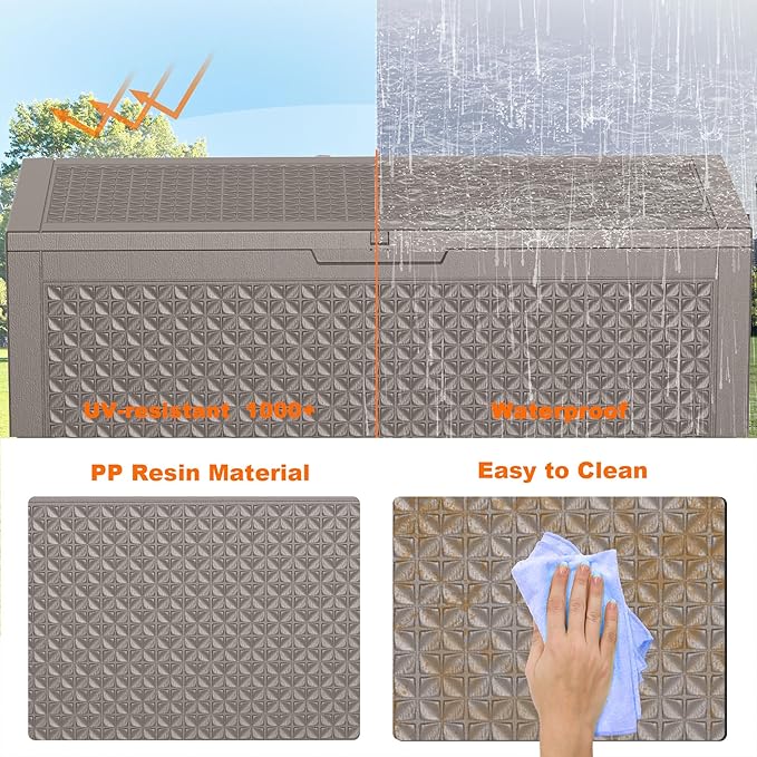 100 Gallon Resin Deck Box, Lockable Outdoor Storage Box for Patio Cushions Storage Furniture,Garden Tools, Pool Supplies, Weatherproof and UV Resistant (Grey L)