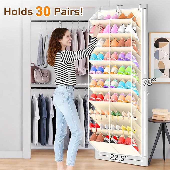 30 Pairs Over the Door Shoe Organizer, Clear Pockets Hanging Shoe Storage for Closet, 10-Tier Door Shoes Rack Storage, Handing Shoes Holder Fit All the Family's Sneakers, Boots, Heels, Beige