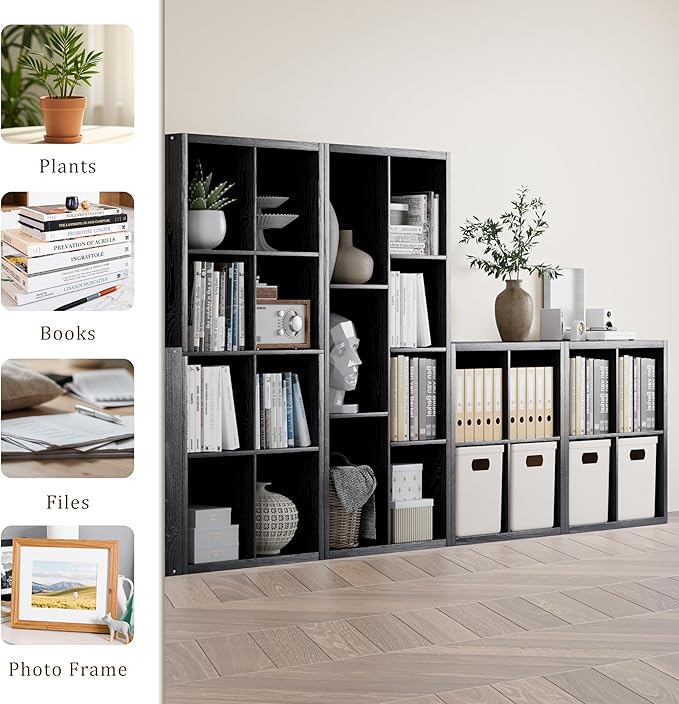 Cube Storage Organizer Bookcase, Decorative 11 inch Open Back Cubical Shelf with Thickened Border, Display Bookshelf for Living Room, Home Office, Sturdy Room (Black, 8 Cube)