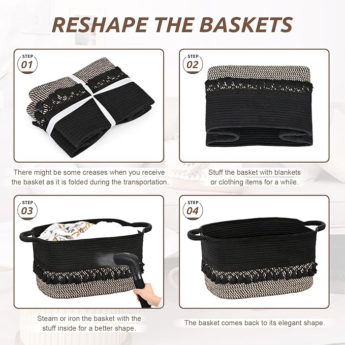 6 Pack Storage Basket for Shelves, Boho Cotton Rope Storage Bins with Heavy Tassel, Shelf Baskets Large Woven Baskets for Organizing, Cube Organizer Bins, Baby Laundry Basket for Clothes, Toys, Pets