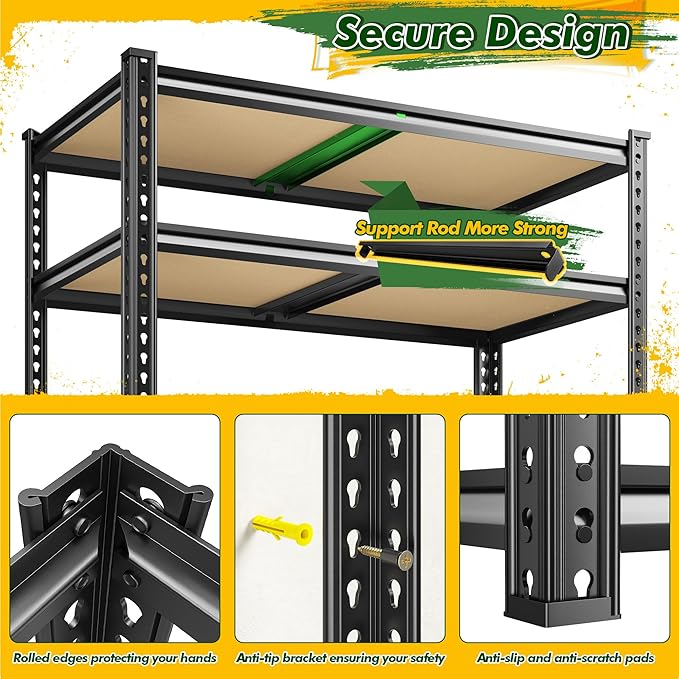 72.2" H Garage Shelves 2230LBS Storage Shelves, 5 Tier Adjustable Metal Shelving, Heavy Duty Shelving for Storage, Basement, Warehouse, Pantry, Kitchen, 35.5" W x 19.5" D x 72.2" H, Black, 2 Pack