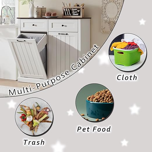 Double Tilt Out Trash Cabinet, 20 Gallon Farmhouse Laundry Hamper Cabinet with 2 Drawers, Hidden Wooden Trash Can Cabinets with Storage Basket for Kitchen, Living Room (Antique White)
