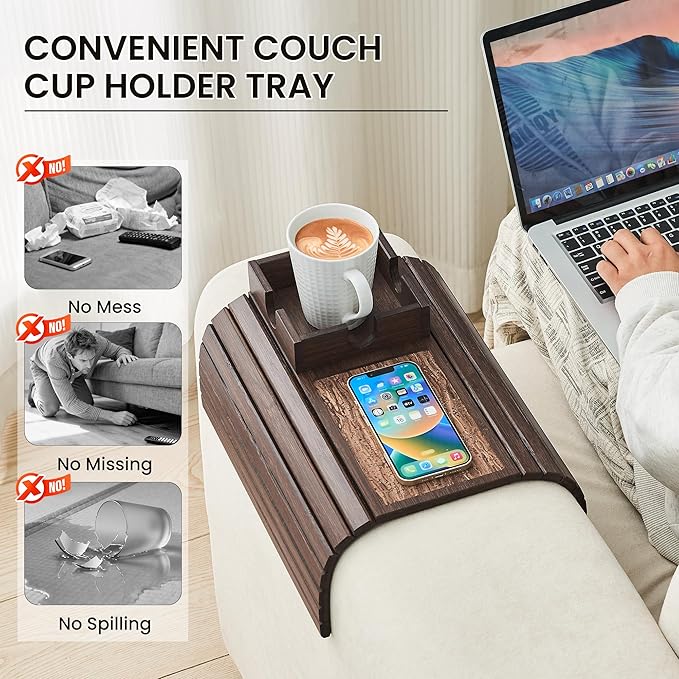 Bamboo Sofa Arm Tray Table, Foldable Couch Cup Holder, Anti-Slip Wide Couch Arm Tray Aremrest Table for Drink, Cup, Remote, Snacks, Cellphone, Portable, Brown