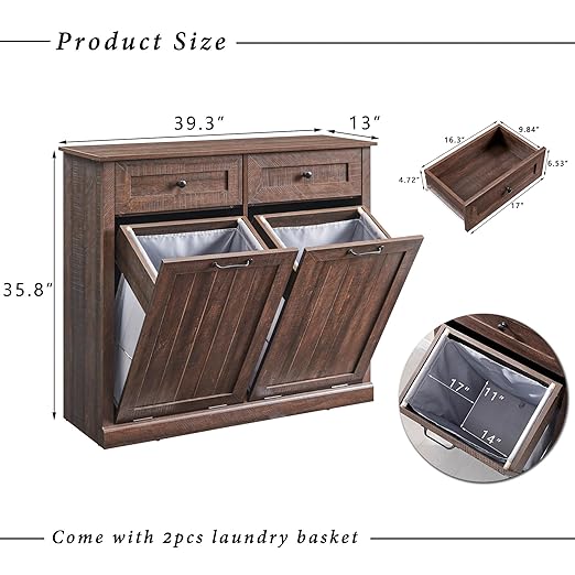 Double Tilt Out Trash Cabinet, 20 Gallon Farmhouse Laundry Hamper Cabinet with 2 Drawers, Hidden Wooden Trash Can Cabinets with Storage Basket for Kitchen, Living Room (Brown)