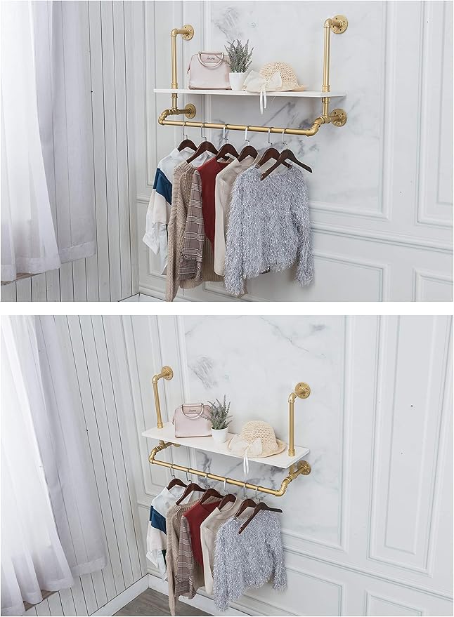 Tianman 40",Gold,White,Industrial Detachable Wall-Mounted Black Iron Wooden Garment Bar,Heavy Duty Pipe Clothing Rack,Pipe Clothes Rack, Multi-Purpose Hanging Rod for Closet Storage