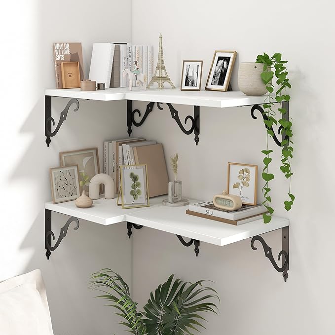 16 Inch Deep Floating Shelves for Wall, 12 Inch Deep Floating Shelf with Bracket, White Wall Shelves 16 Inches Long, Wide Display & Storage Shelves for Living Room, Bathroom, Bedroom, White, Set of 2